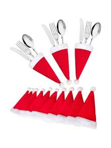 10pcs Mini Christmas Santa Cute Hats Silverware Holders - Xmas Party Dinner Table Dinnerware Decorations Supplies Flatware Decor