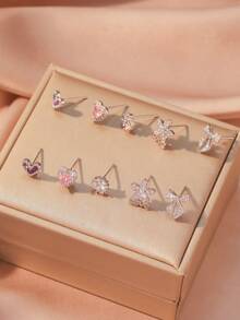 10pcs Classic Minimalist Colorful Cubic Zirconia Plated Silver Women Jewelry Set, Heart, Flower, 5-Petal Flower, Bow Stud Earrings, Casual Daily Wear Gift