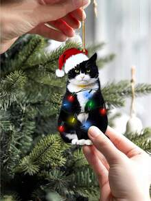 1 pieza - Adorno colgante de gato negro navideño - Decoración navideña de árbol con gato negro - Regalos lindos de gato para amantes de los gatos, adornos navideños para árbol, decoraciones de fiesta de árbol de Navidad, colgantes de acrílico, adornos decorativos navideños, decoración navideña, adornos colgantes únicos de coche para Navidad