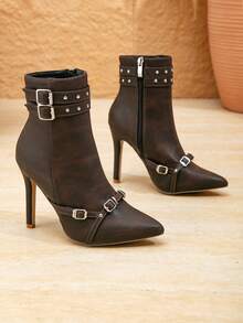 Giày bốt cổ ngắn nữ mới, kiểu dáng thời trang đa năng, mũi nhọn, gót nhọn, đính đinh tán, màu nâu đậm, phù hợp cho lễ Halloween, Giáng sinh, Lễ Tạ ơn, trang phục năm mới, mùa thu/đông, giày cao gót. - màu nâu - Xem 6