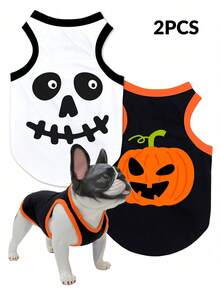 LUCKIE LABO 2件套万圣节南瓜骷髅印花防跳蚤、防脱毛、隔热、透气黑色背心，适合猫狗，室内外均可使用 - 彩色 - 查看 12