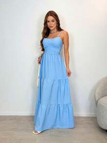 Vestido Longo Elegante Confortável em Crepinho Estampa Bolinha com Bojo Forrado Alças Finas Amarração Costas com Elastex TAMANHO: ÚNICO VESTE ATÉ 40