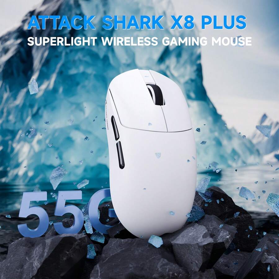 ATTACK SHARK X8Plus 55克超轻无线游戏鼠标，40K DPI，PAW 3395PRO传感器，博通BK52820芯片，HUANO微动开关，Web驱动，三模式，适合大手PC游戏玩家 - 白色/黑色/粉色