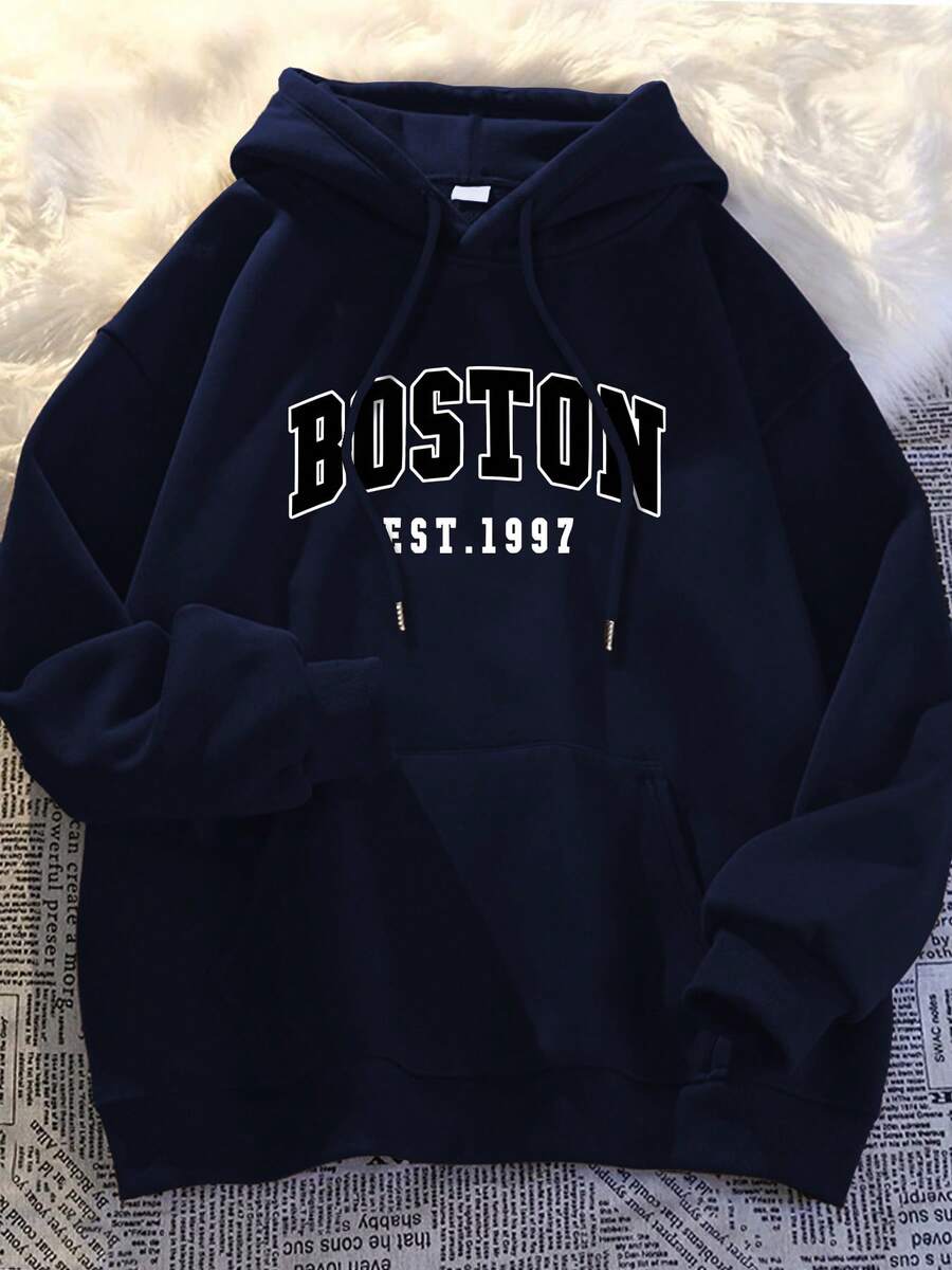 Hombre003 sudadera con capucha para hombres de manga larga con estampados modernos, ideal para las temporadas de otoño e invierno, una sudadera casual y abrigada Envío desde México Sudadera con capucha negra impresa con "BOSTON EST.1997" en blanco, cómoda y elegante para cualquier ocasión.(Tallas corren pequeñas, pide una talla grande.) - Azul - Ver 1