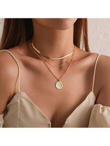 Simple Three-Layer Round Necklace Multilayer Snake Lotus Pendant Multilayer Gold Bead Disc Necklace - Gold - View 3
