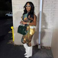 Ladies' Street Casual Tight Fitting Spicy Girl Retro Oil Painting Print Sleeveless Top And Pants Set Two-Piece Set - 黃色 - 查看 4