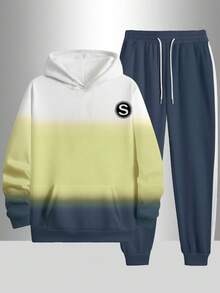 New European And American Men's Two-Piece Set, Featuring A Three-Color Block Gradient Design Hoodie Paired With Solid Color Casual Sports Trousers; New Men's Long-Sleeve Long Trousers Leisure Set, Warm And Comfortable Two-Piece Set; Regular Fit High-Quality Soft And Comfortable Fabric Suitable For All Holiday Gifts.
