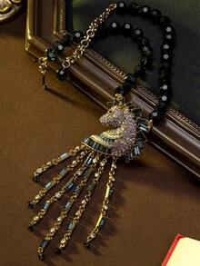 Vintage Handcrafted Unicorn Tassel Design Luxury Niche Jewelry Necklace And Earrings Set, Pendant Made Of Alloy Base With Gemstone Accents, Necklace Made Of Multi-Layer Glass Beads, Suitable For Daily, Party, And Banquet Occasions - Multicolor - View 2