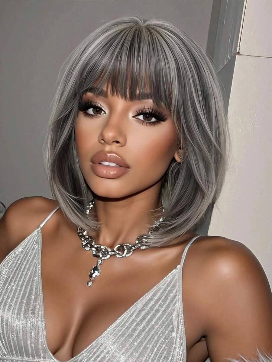 Elegant Mixed Gray Bob Wig With Bangs For Mature Women Natural Synthetic Wig For Gray Use Every Day Wear - Xám - Xem 1