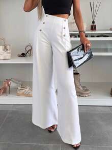 Pantalones rectos y de pierna ancha de estilo francés elegante con botones metálicos de doble botonadura y decoración, color blanco sólido para mujer. Altamente favorecedores y alargadores, adecuados para uso diario, oficina y citas