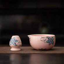 2pcs/Set Cherry Blossom Pink & Matcha Green Ceramic Tea Bowl, Whisk, Holder Set