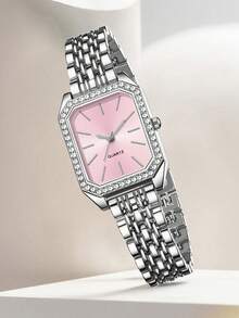 1pc Women's Silver Strap Fashion Casual Classic Square Simple Bar Scale Dial Quartz Watch For Daily Wear Or Traditional Festival Gifts - Pink - View 3