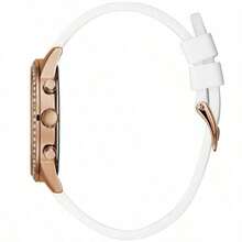 Guess Reloj de cuarzo con función solar, multifunción, cristales, esfera rosa, correa de goma, para mujer W1135L2 con calendario de mes y semana, accesorio de mujer adecuado para uso diario, fiesta, ropa, decoración, regalo de estilo para mujer