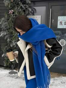 1 Women'solid Color Mohair Scarf Female Autumn Winter New All-In-One Neck Korean Version Of Advanced Sense Thick Warm Cape Suitable For Daily Use For Dress - Royal Blue a - View 4
