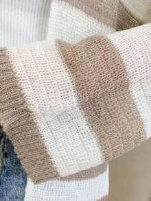 1pc Women Openwork Striped Cardigan Shrug Top, Lightweight And Loose, Sweet And Gentle V-Neck Style, Suitable For Spring And Autumn Accessories Women