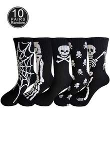 3/5/10 pares de calcetines de tubo medio unisex con diseño de esqueleto de dibujos animados aleatorios, suaves, cómodos, transpirables y versátiles para todas las estaciones, adecuados para uso diario y fiestas de Halloween