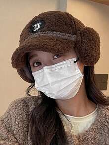 Classic Solid Color New Sherpa Baseball Cap With Ear Flaps For Women, Versatile Embroidered U Letter Fashion Snapback Hat, Polyester Fiber Embroidery Decor, Suitable For Autumn/Winter Street Party