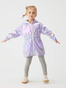 1 pieza Chaqueta casual con capucha iridiscente para niña, primavera/otoño, chaqueta bomber de longitud media unisex de moda, prenda exterior versátil