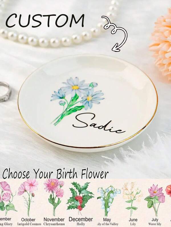 1PC Personalized Birth Flower Trinket Dish,Personalized Birth Flower Jewelry Tray,Custom Watercolor Flower Ring Tray, Custom Name & Floral Design Ceramic Jewelry Tray,Elegant Jewelry Organizer For Women, Bridesmaid Birthday Christmas Gifts