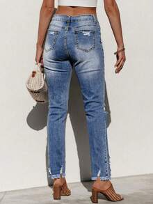 Women Straight Leg Distressed Hem Pocket Detail Casual Denim Jeans - Medium Wash - View 2