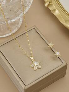 1 件精美不锈钢水钻海星项链和 1 对精美不锈钢水钻海星耳环，女士沙滩珠宝，海洋主题系列，沙滩配饰 - 金黃色 - 查看 5