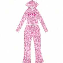 Women's Fashion Hooded Camouflage Printed Long Sleeved Sports Slim Fit Pants Two-Piece Set - Hồng - Xem 9