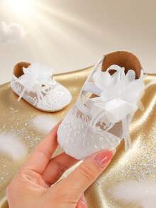 Infant Mary Jane Flats For Girls With Bowknot Anti Skid Sole Infant First Walker Princess Dress Crib Wedding Shoes