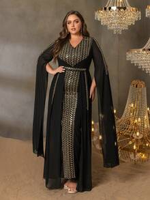 Faeriesty فستان سهرة رسمي أنيق للمقاسات الكبيرة مع ياقة على شكل حرف V رقيقة، مزين بترتر ذهبي على كامل الفستان، وأكمام طويلة جداً مثيرة للاهتمام، قصة مطرية مع إغلاق سحاب خلفي لمظهر راقي، مثالي لحفلات السجادة الحمراء، حفلات الزفاف، سهرات السوبرا، وعشاء الخيرية الفاخرة