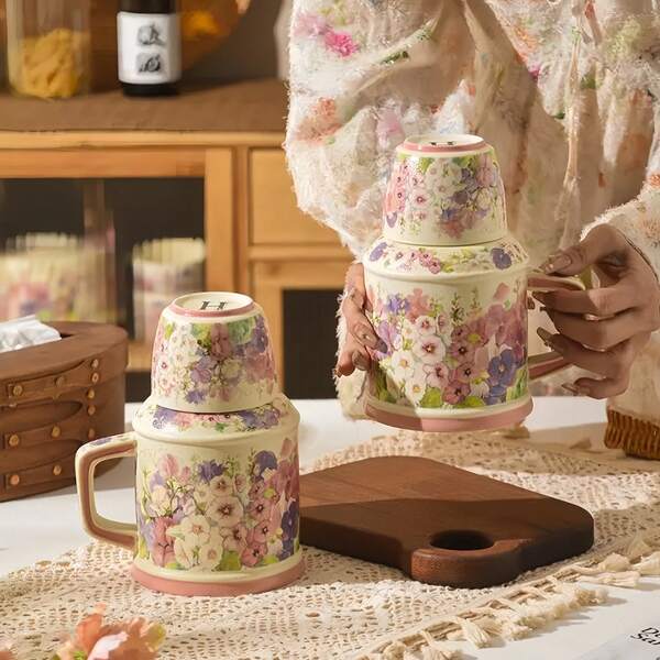 Théière en céramique artisanale avec set de tasses - Décalcomanie en glaçure, texture givrée en relief, théière d'une capacité de 800 ml, cuite à haute température avec des décalcomanies florales pastorales en glaçure, parfaite pour une utilisation quotidienne à la maison, la décoration intérieure, le service aux invités, les rassemblements familiaux, les fêtes de jardin et les cadeaux