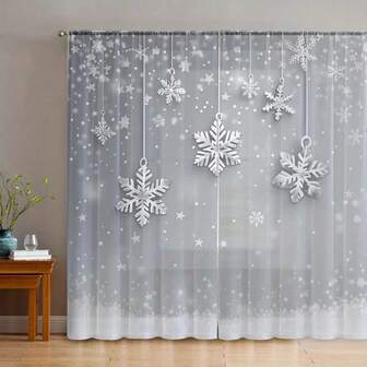 2PCS Elegant White Sheer Curtains With Silver Snowflake Print - Translucent, Pole Bag Design, Easy To Hang, Suitable For Decoration In Living Rooms, Bedrooms, And Dining Rooms, Christmas Sheer Curtains