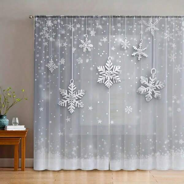 2 PIEZAS Cortinas blancas elegantes y transparentes con estampado de copos de nieve plateados - Translúcidas, diseño de bolsa para barra, fácil de colgar, adecuadas para decoración en salas de estar, dormitorios y comedores, cortinas de gasa navideñas