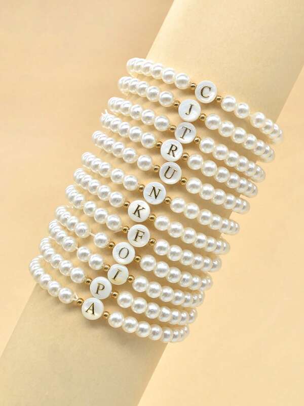 1 pieza Pulsera de mujer con perlas falsas y 26 letras, pulsera de perlas con letras