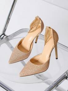 Giày cao gót mũi nhọn nữ mùa Xuân/Hè chất liệu bóng, đính dây xích, màu sâm panh, thiết kế mới năm 2025. - Rượu sâm banh - Xem 6