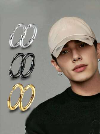 2pcs/3pcs Minimalist Hiphop Stainless Steel Earrings, Unisex Plain Round Hoop Earrings, Smooth Clip-On Earrings