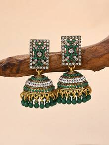 1pair Fashionable Faux Pearl Flower Decorated Hanging Earrings With Colorful Rhinestone Inlay,Charm Tassel, Traditional Pakistan & India Jhumka Earrings Suitable For Women's Daily Wear,Festival,Wedding,Party Gifts ﻿