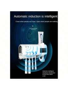 1Pc White Smart Toothbrush Sterilizer, Hole-Free Wall-Mounted Toothbrush Holder, USB Charging Multi-Functional Automatic Toothpaste Squeezer, Bathroom Set Can Hold 4 Toothbrushes And One Toothpaste, Suitable For Bathrooms, Dormitories, And Home Decoration Home Bathroom Decor - Multicolor - View 5