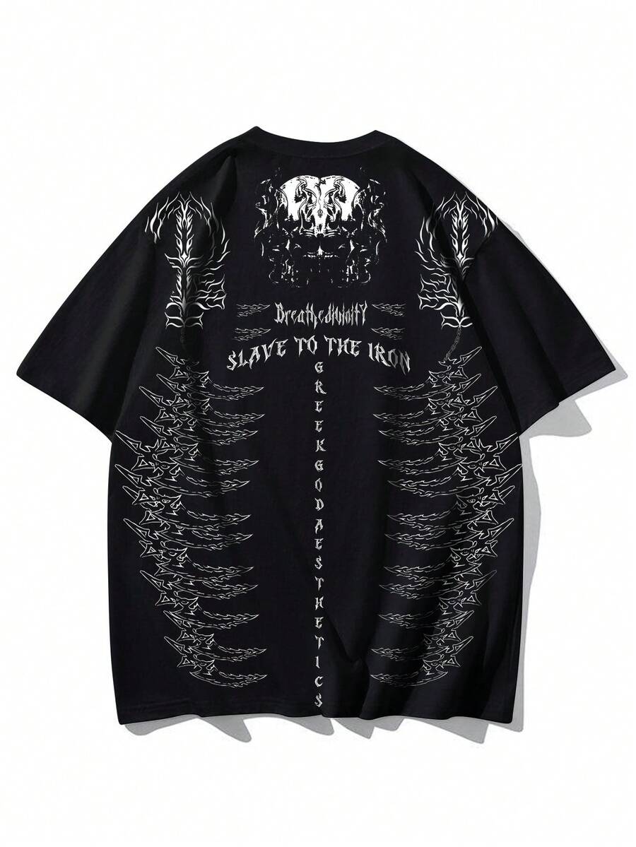 男士休闲骷髅与字母印花圆领短袖 T 恤，夏季 - 黑色 - 查看 1