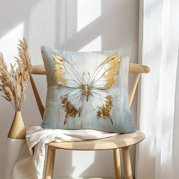 4 capas de almofada estilo boêmio - 45 x 45 cm, design de borboleta com penas brancas douradas, decoração de casa de fazenda, tecido 100% poliéster, lavável à máquina com zíper, não acompanha enchimento