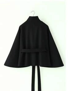 Women's Solid Color Front Button Tie Waist Woolen Cloak, Casual & Date Wear, Autumn/Winter Overcoat