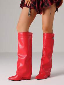 Fashion Women Knee High Boots Metal Pointed Toe Chunky Heels Fold Over Luxury Punk Goth Design Cool Women Fold Over Shoes - 紅色 - 查看 3