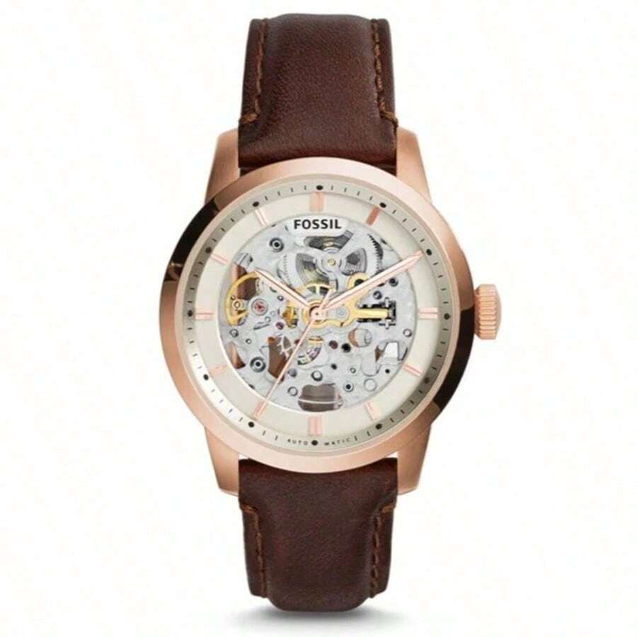 Fossil Herren Townsman Automatik Skelett Uhr Me3078, weißes Zifferblatt, brauner Lederarmband, Cut-Out Design, modisch und schlicht, dezent und maskulin, lässiger und vielseitiger Stil, geeignet für den täglichen Gebrauch, als Geschenk, Vatertag, für Ehemann, Jahrestags-Geschenk.