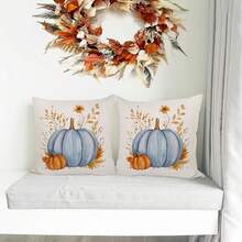 2 件秋季枕套，秋季主题蓝色南瓜叶装饰户外抱枕套，农舍靠垫沙发感恩节家居装饰。