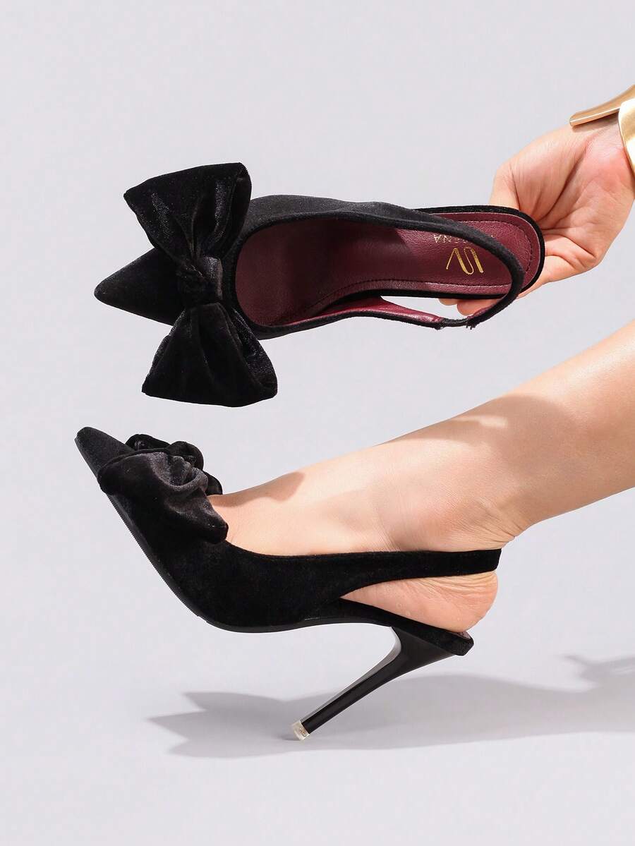 女士蝴蝶结高跟鞋，优雅性感尖头超高跟时尚派对黑色高跟凉鞋，细高跟鞋 - 黑色 - 查看 1