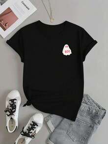 Boo Ghost Graphic T-Shirt, 220g Cotton Casual Summer T-Shirt with Round Neck and Short Sleeves (1 Piece)