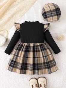 Vestido de manga larga con volantes en los hombros y lazo, a cuadros, de moda para bebé niña, para primavera/otoño - Negro - Ver 2