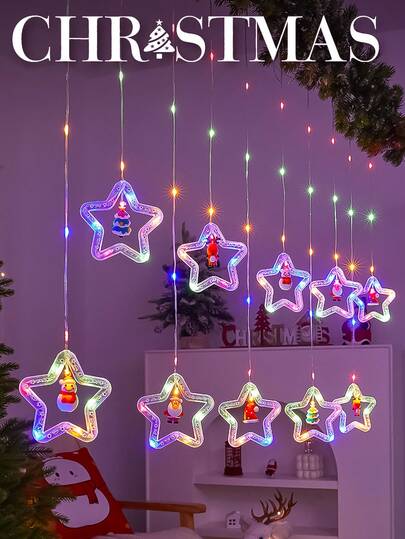 Christmas LED Curtain Light Set - Santa Claus, Reindeer, Snowman & Tree Design | USB Powered Holiday Decoration String Lights For Home, Bedroom And Party, Window Decoration Lights, Holiday Decoration Copper Wire Lights, Christmas Tree Pendants, Perfect Christmas Day Decoration Lights