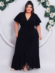 Long Wrap Dress With Flare Sleeves Simple Casual Elegant With Belt Asymmetrical Wedding - 黑色 - 查看 2