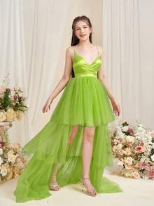ALISA&LEO 优雅的无袖V领缎面A字型正式礼服，适合青少年穿着，配有多层薄纱裙摆和系带后背设计。完美适用于盛大晚宴、舞会、红毯活动、正式晚宴和毕业典礼。 - 綠色 - 查看 4