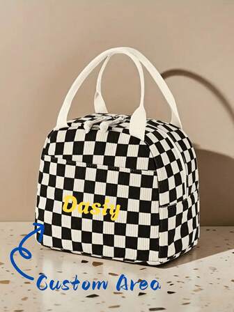 Borsa termica per il pranzo personalizzata con ricamo, a scacchi bianco e nero, borsa per il pranzo con nome personalizzato, borsa termica unisex portatile, per il ritorno a scuola, impermeabile, grande capacità, borsa da picnic, regalo, borsa porta pranzo portatile, adatta per scuola, pendolarismo, viaggio, ufficio, campeggio, regali per studenti, marito, fidanzato/fidanzata, madre, regali di Ognissanti, regali di Natale