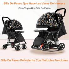 Cochecito, 2 en 1 Cochecito Plegable Mecedora, Cochecito de Bebé Multifuncional Sit-Lie con Estampados - Negro - Ver 11